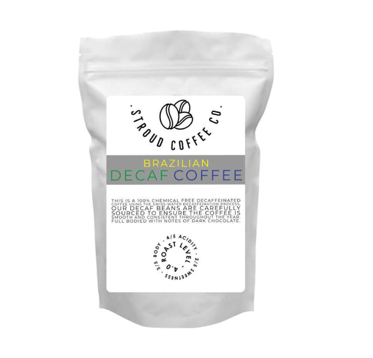 This is a 100% chemical free decaffeinated coffee using the swiss-water decaffeination process.
Our decaf beans are from Brazil and have been carefully sourced to en